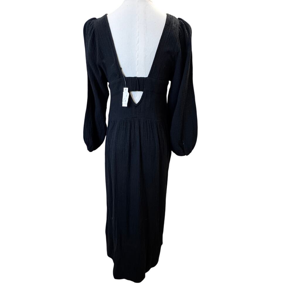 MADEWELL Women's Black V Neck Puff Sleeves Cotton Smocked Midi Dress Size XS - Picture 5 of 10